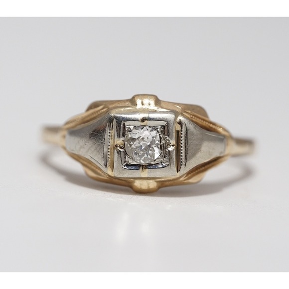 Antique 14k Solid Yellow White Gold Engraved Natural Old Mine Cut Diamond Ring - Picture 4 of 12